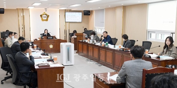 광산구의회 예산결산특별위원회 모습 - 김영선 의원이 질의하고 있다.